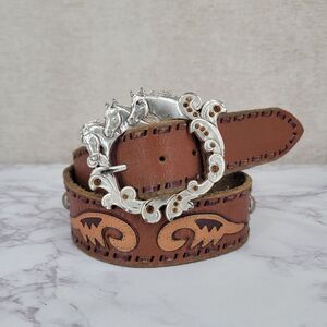 Enmon Vintage Brown Leather Belt with Silver Toned Oversized Horse Head Buckle